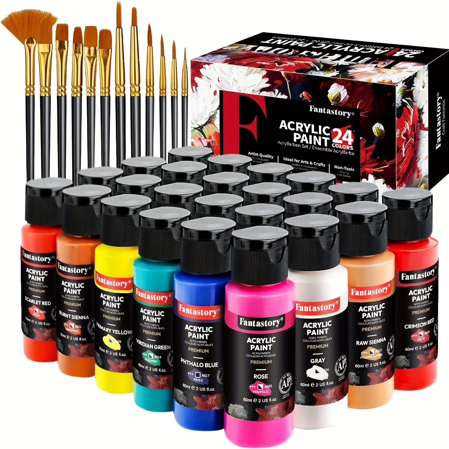 

Fantastory 24-color Acrylic Paint Set, 2oz , Craft Kit For Adults & - Ideal For Canvas, Fabric, Rock, Glass, Ceramic & - Includes 12 Brushes, Leakproof Seal, Art Supplies & Gifts