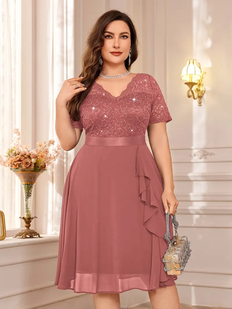 Plus Size - Plus Size - New Popular Elegant Sequin Lace V-Neck Chiffon Ruffle Trim Evening Party Swing Dress, Wedding Guest Dress, Summer Dress, for Birthday, Graduation, Vacation, Homecoming Plus Size - Plus Size - New Popular Elegant Sequin Lace V-Neck Chiffon Ruffle Trim Evening Party Swing Dress, Wedding Guest Dress, Summer Dress, for Birthday, Graduation, Vacation, Homecoming