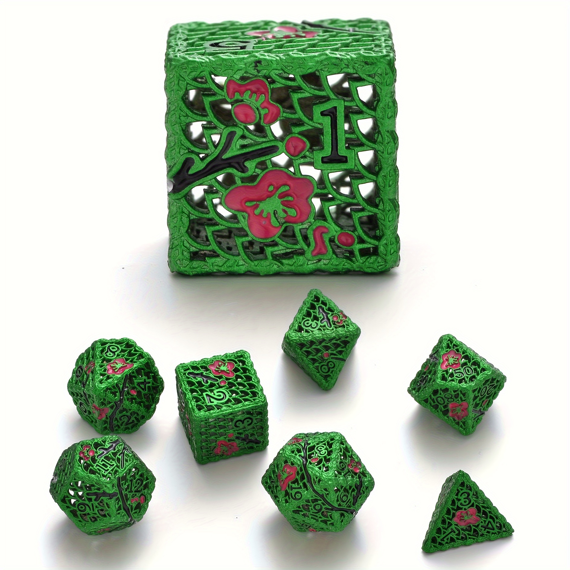 D&D Metal Dice Kit, 7 Rose Metal Hollow Dice Kit