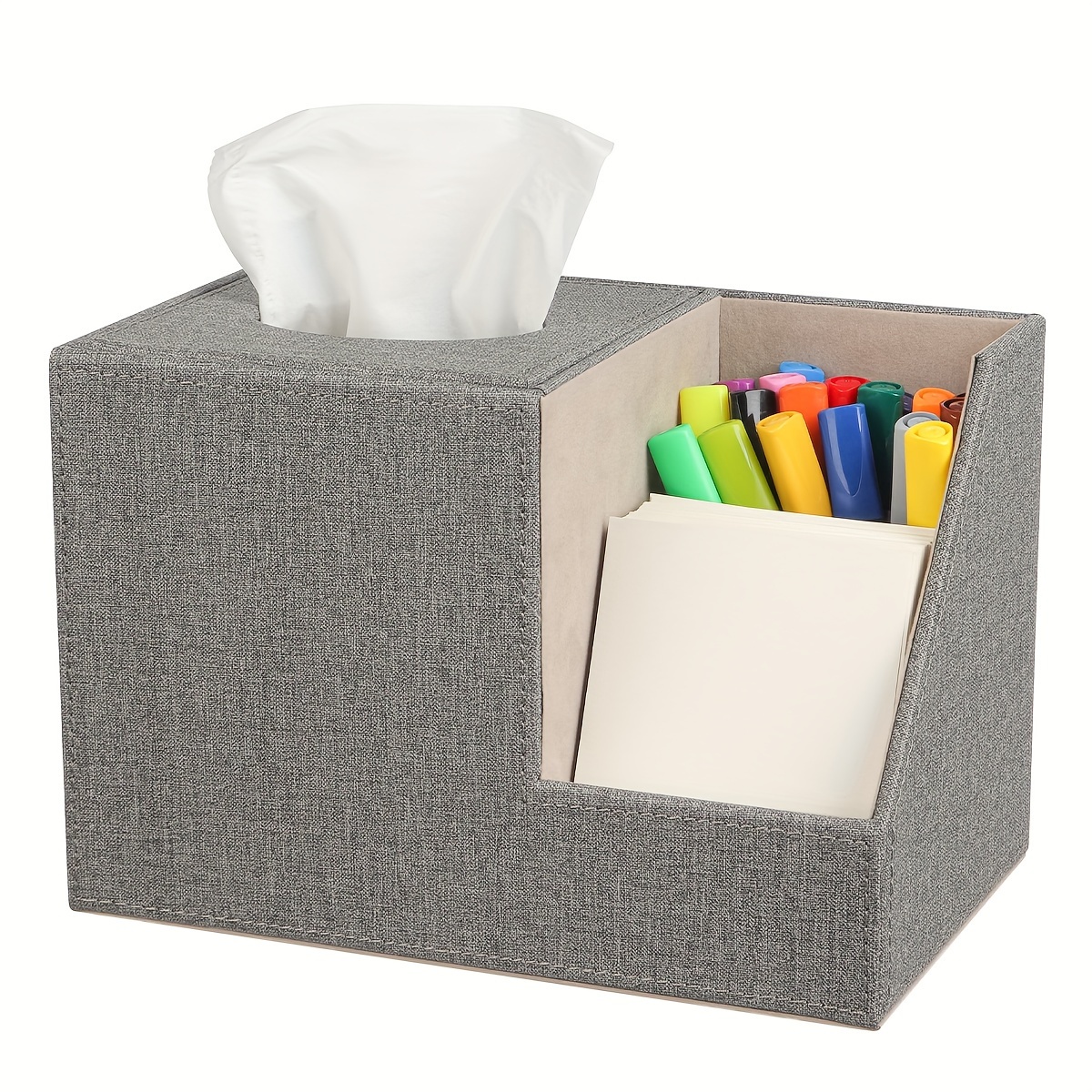 

Square Tissue Box Cover Organizer, Pu Leather Cube Tissue Box Holder With 2-compartment Storage Box, Tissue And Remote Control Holder, Decorative Tissue Box Bedroom Nightstand Office Tabletop, Grey
