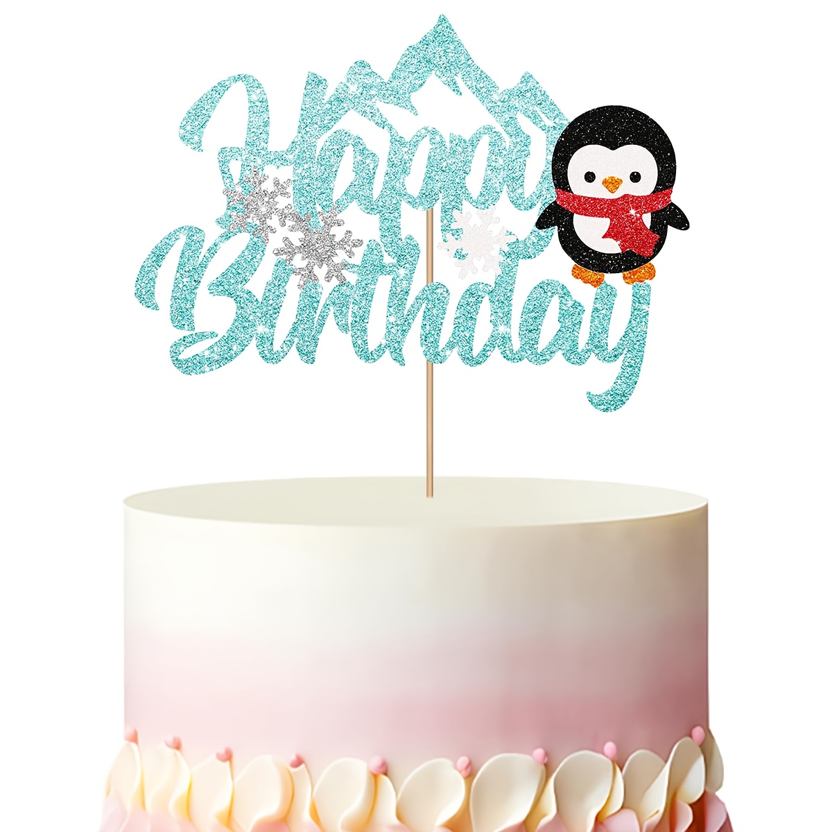 1pc Cute Penguin Birthday Cake Topper With Stick - Sky Blue Glitter Winter Shower & Birthday Party Decoration, Gender Neutral / Penguin Theme, Christmas, New Year Cake Accessory Christmas,new Year