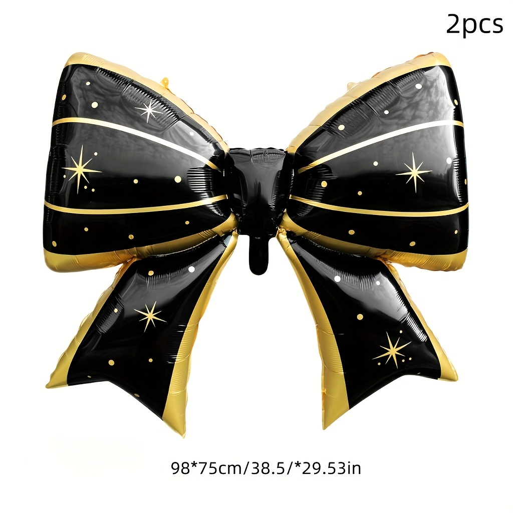 Image of 2pcs Black & Bow Balloons - Elegant Reusable Decor For Birthdays, Weddings, Engagements, New Year’s Eve, And Parties - No Electricity Needed