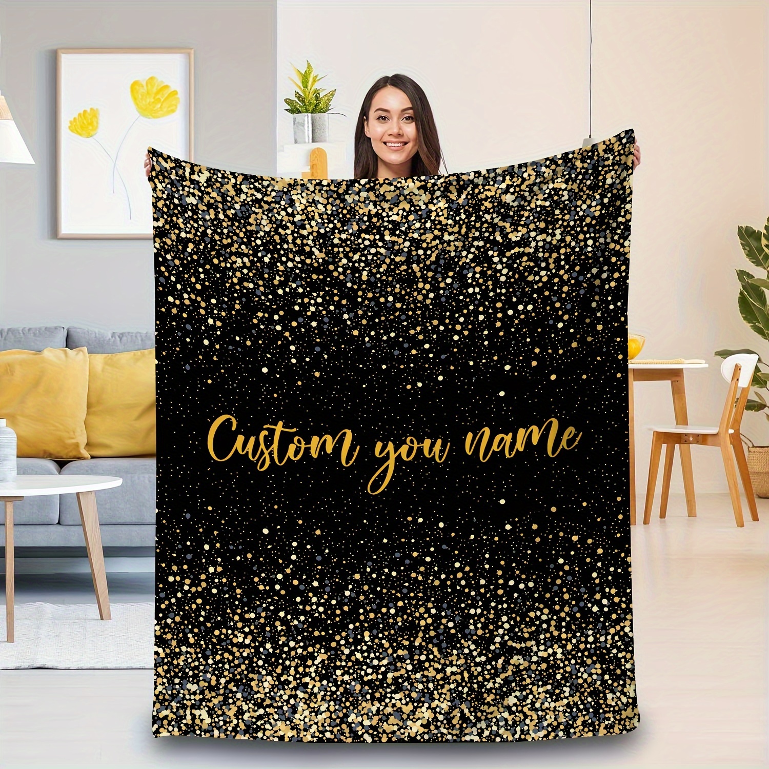 TEMU Warmth, Personalized Flannel Throw Blanket With Sparkling Golden Powder - Custom Name, Vintage Style, For