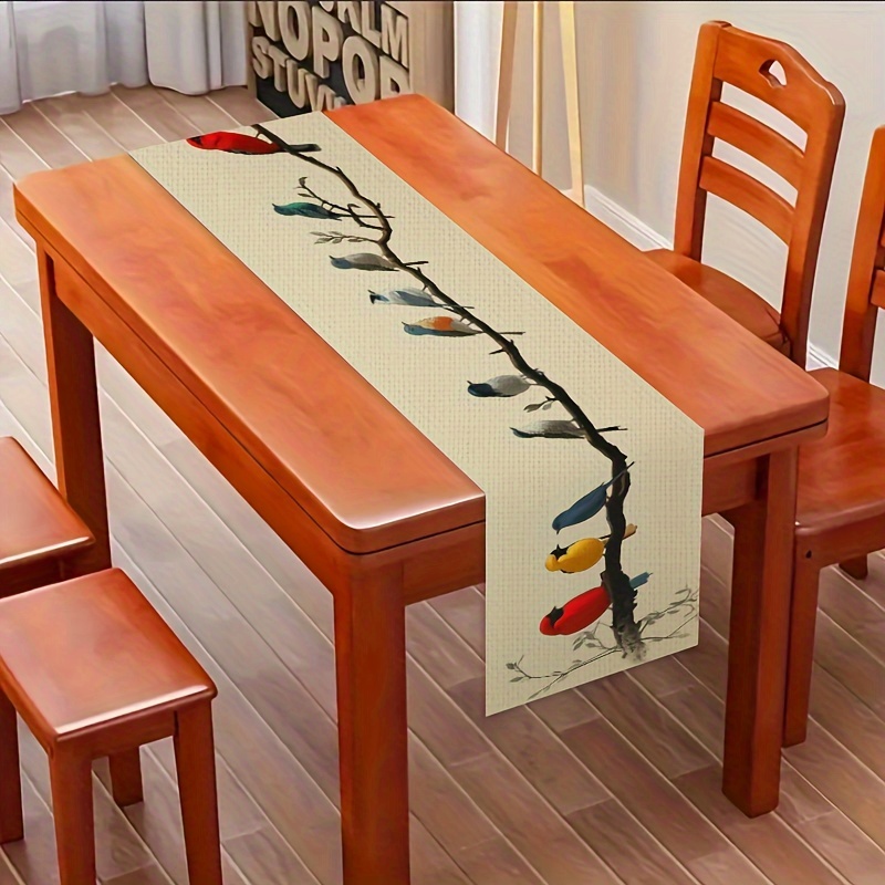 

1pc, Linen Table Runner, Spring Bird & Branch Design, Rustic Decorative Dining Cloth, Countryside Home & Kitchen Decor, Summer Seasonal Decor