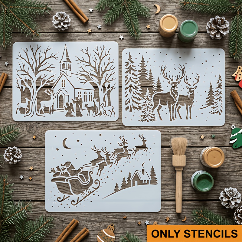 TEMU 3pcs Reusable Plastic Winter Snow Stencils Suitable For Painting - Christmas Reindeer, Sleigh, Church & Tree Templates For Diy Crafts, Wood-free