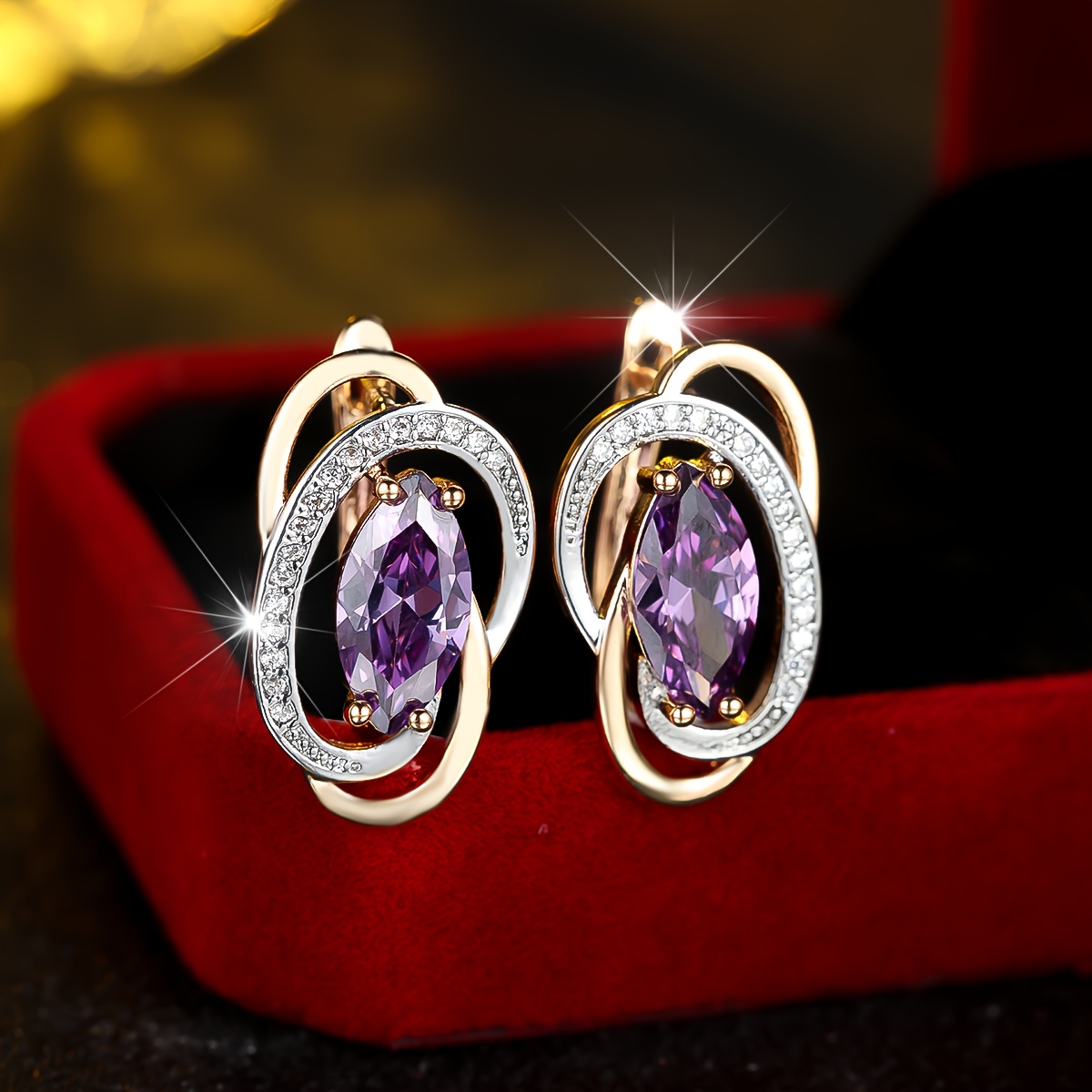 E-shop Ein Paar luxuriöse lila Marquise-geschnittene synthetische Zirkonia Damen-Mode-Hoop-Ohrringe, für Partys, Geburtstage, Verlobungen, Hochzeiten,