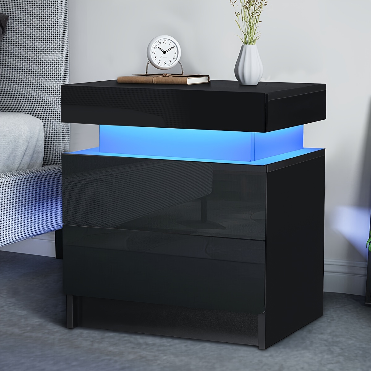 

Usb Black 2 Drawer Modern Nightstand With Rgb Led Light Bedside Tables For Bedroom Christmas Gift