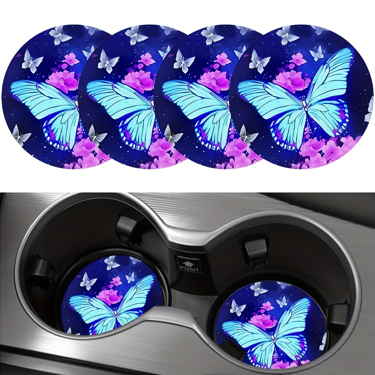 TEMU 4pcs Blue Pattern Car Coaster, 2.755-inch Round Pu Leather Decorative Car Coaster, Home And Car Water Cup Mat, Beverage Mat, Blue Coaster As A