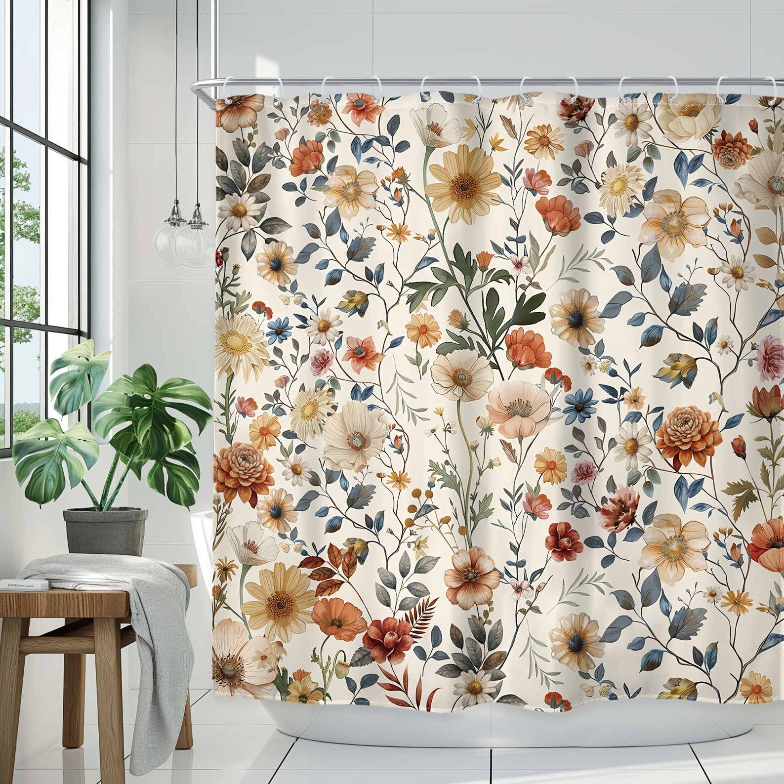 

1pc - Polyester - Wild Flower And Shower Curtain Retro Floral Plant Modern Waterproof Home Decoration Bathroom Accessories With 12 Hooks - 71inch*71inch