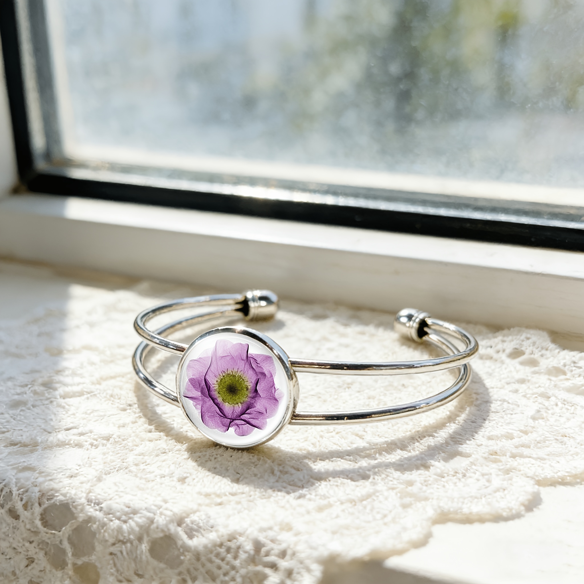 Women's Adjustable Open Bangle with Purple Flower & Green Petals, Minimalist Gift
