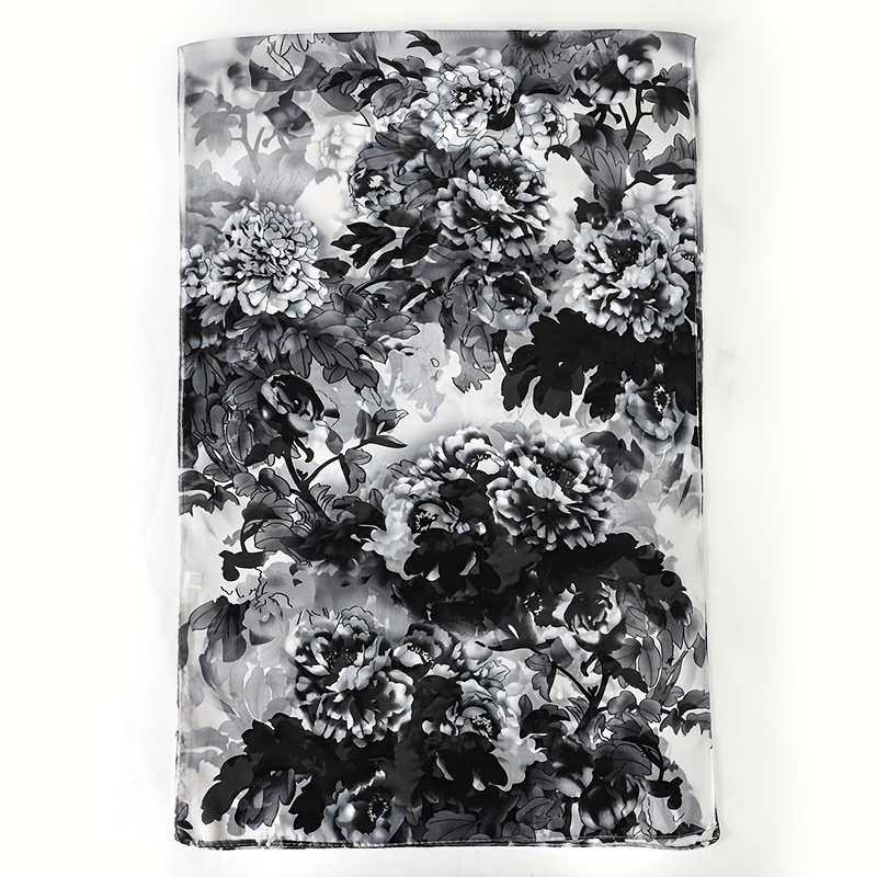 TEMU Black And White Floral Print Chiffon Scarf, Lightweight Transparent Neck Scarf For Women, Elegant Long Shawl, Suitable For Spring And Summer