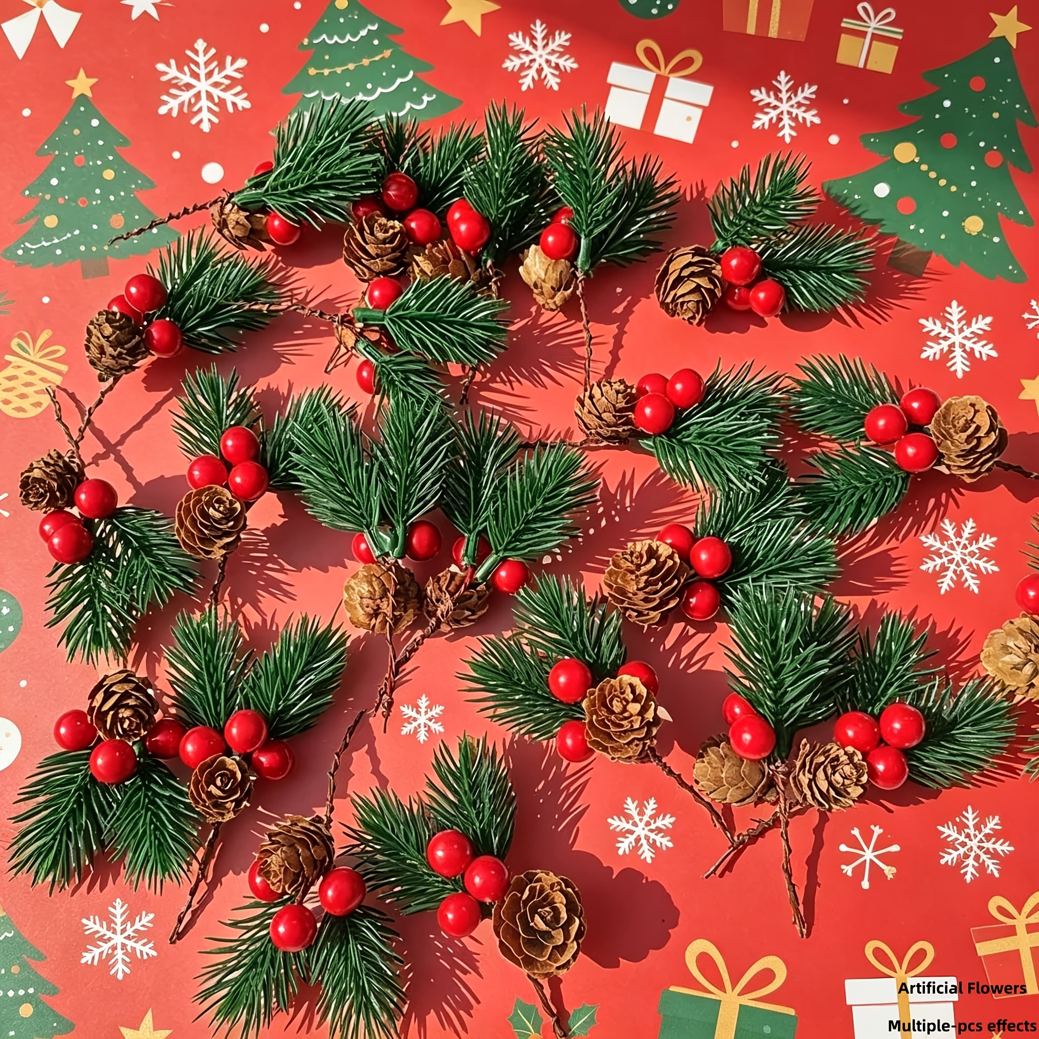 TEMU 10pcs Artificial Pine Cones And Red Berries Set With Needles, Winter Christmas Decorations, Home Floral Arrangements, Wreaths, Christmas Tree