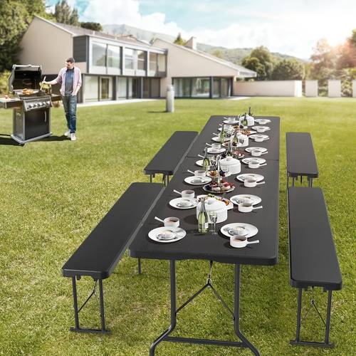 6 ft portable folding table sturdy plastic dining table with convenient carry handle waterproof black wood grain foldable table suitable for banquets weddings camping picnics crafts parties and indoor outdoor daily events