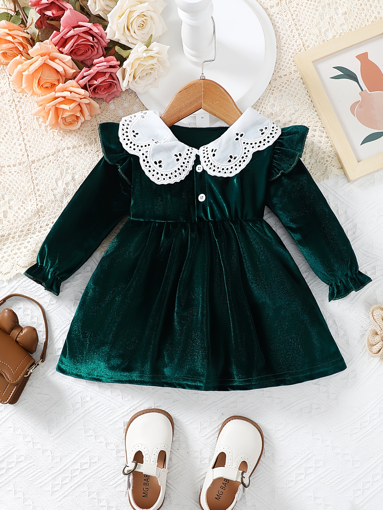 Toddler Baby Girls Solid Velvet Stitching Lace Collar Dress - Temu