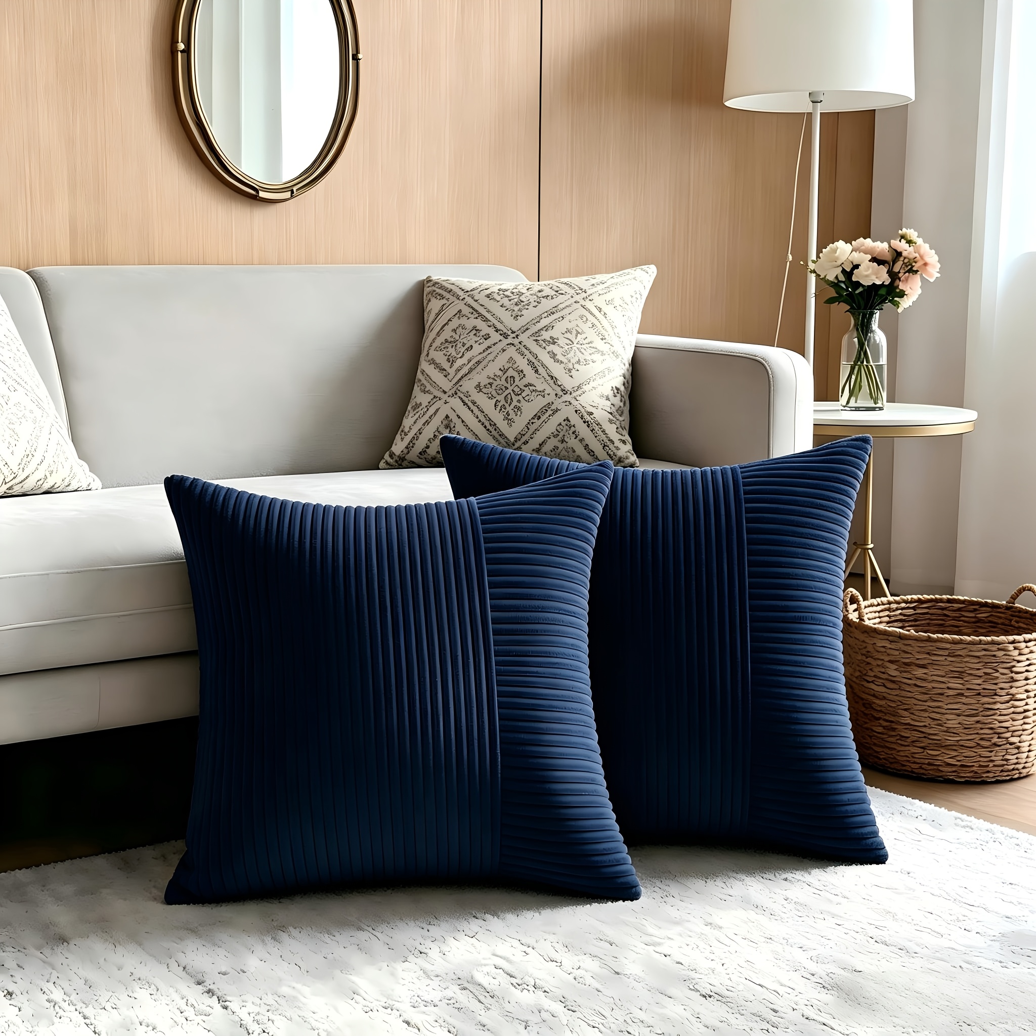 TEMU 2pcs Corduroy Plush Pillowcases French Style Navy Blue Suitable For Sofa Bed Car Cushion Covers With Zipper Closure, Bedding For Waist Pillows,