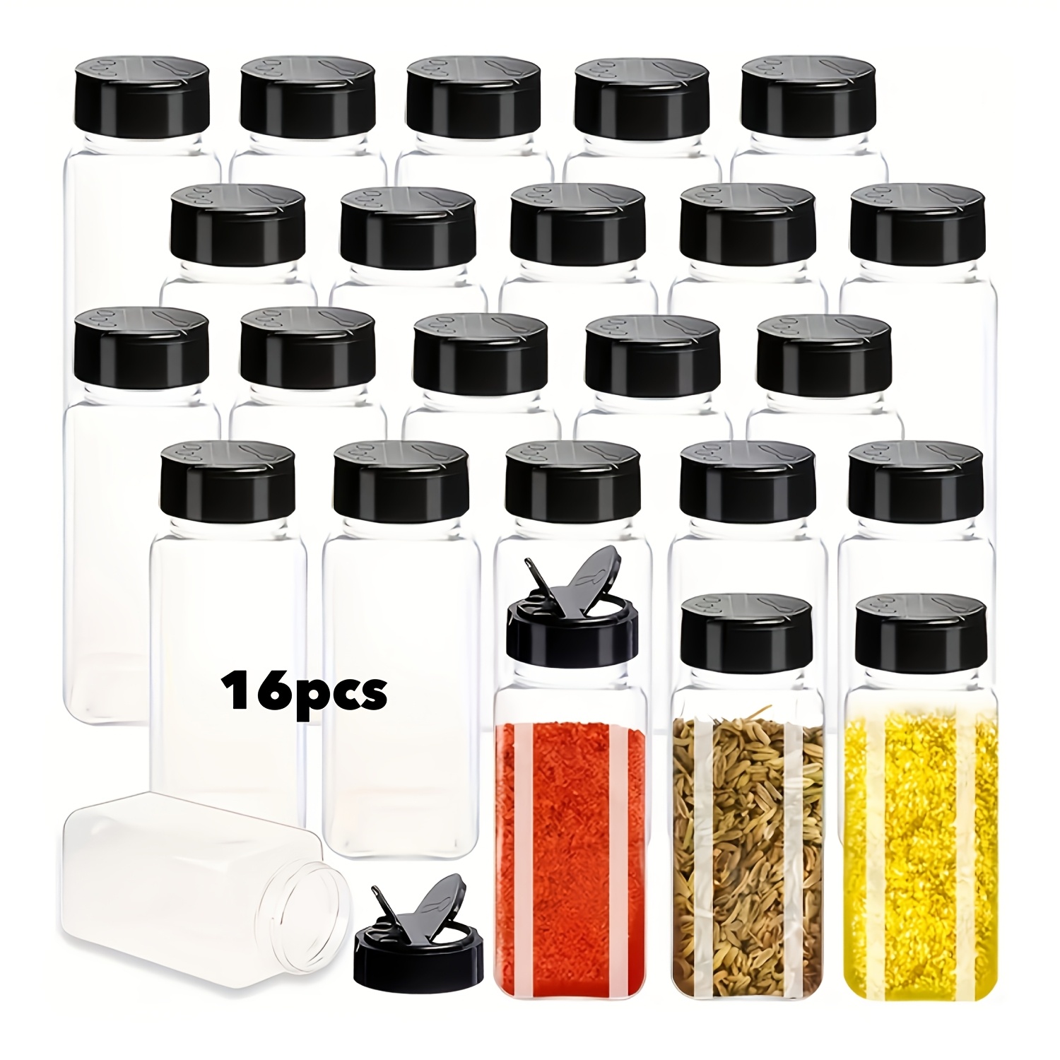 

16pcs Plastic Spice Jars, Leak-proof Rectangular Containers, Multipurpose Kitchen Storage For , With Black , For Reusable, Washable Food Service Equipment & Supplies