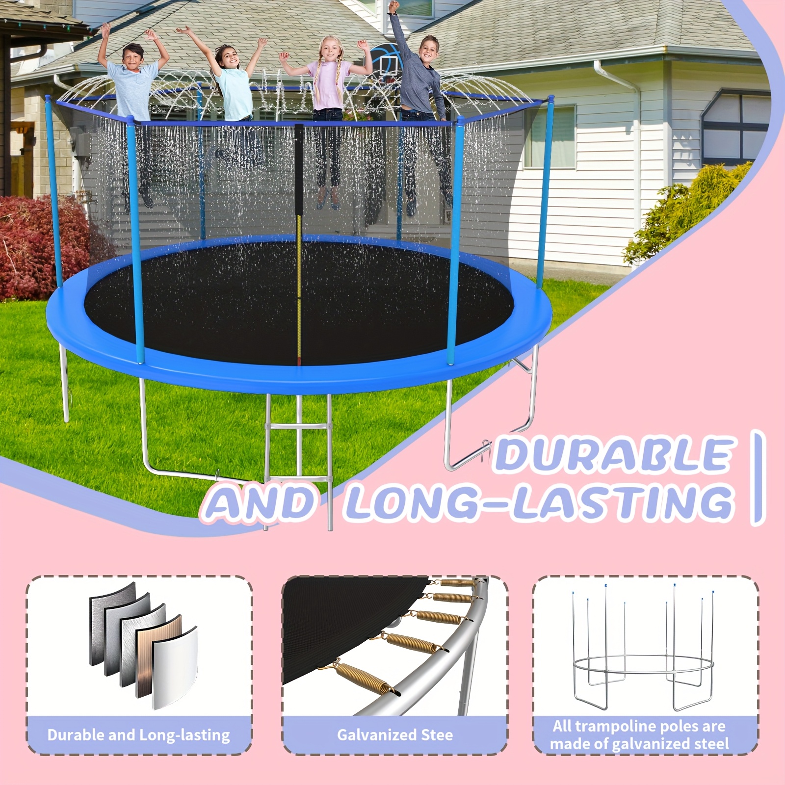 14ft/12ft/10ft Outdoor Kids Trampoline with Water Spray Device, Equipped with Safety Net and Heavy-Duty Rust-Resistant Frame, Suitable for Children and Adults, Includes Basketball Stand and Ladder Blue