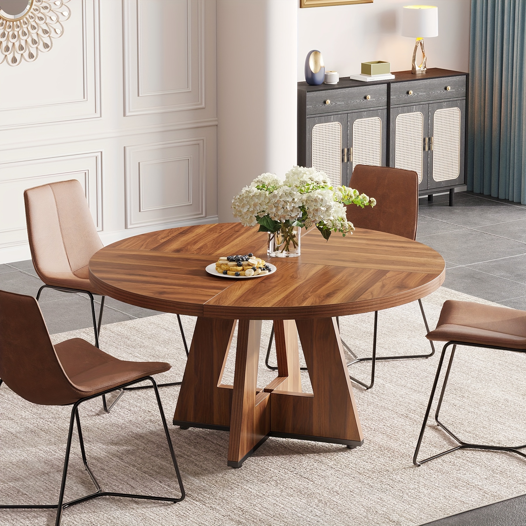 TEMU Table à Manger Ronde Tribesigns 47" pour 4 Personnes - Style Rustique Ferme avec Base Solide, Plateau en Bois Ingénierie Résistant aux Rayures,