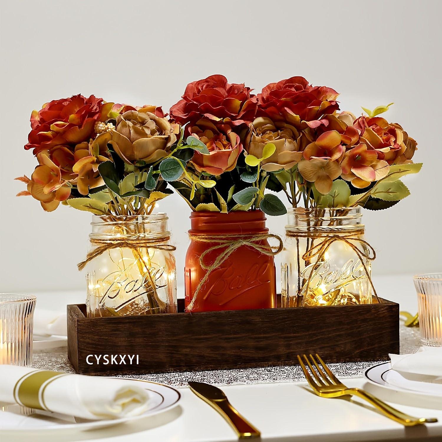 TEMU Mason Jar Centerpiece For Desktop Decoration, Complete With Lamp, Wooden Tray, And 3 Artificial Flowers - A Farmhouse-style Desktop Decoration