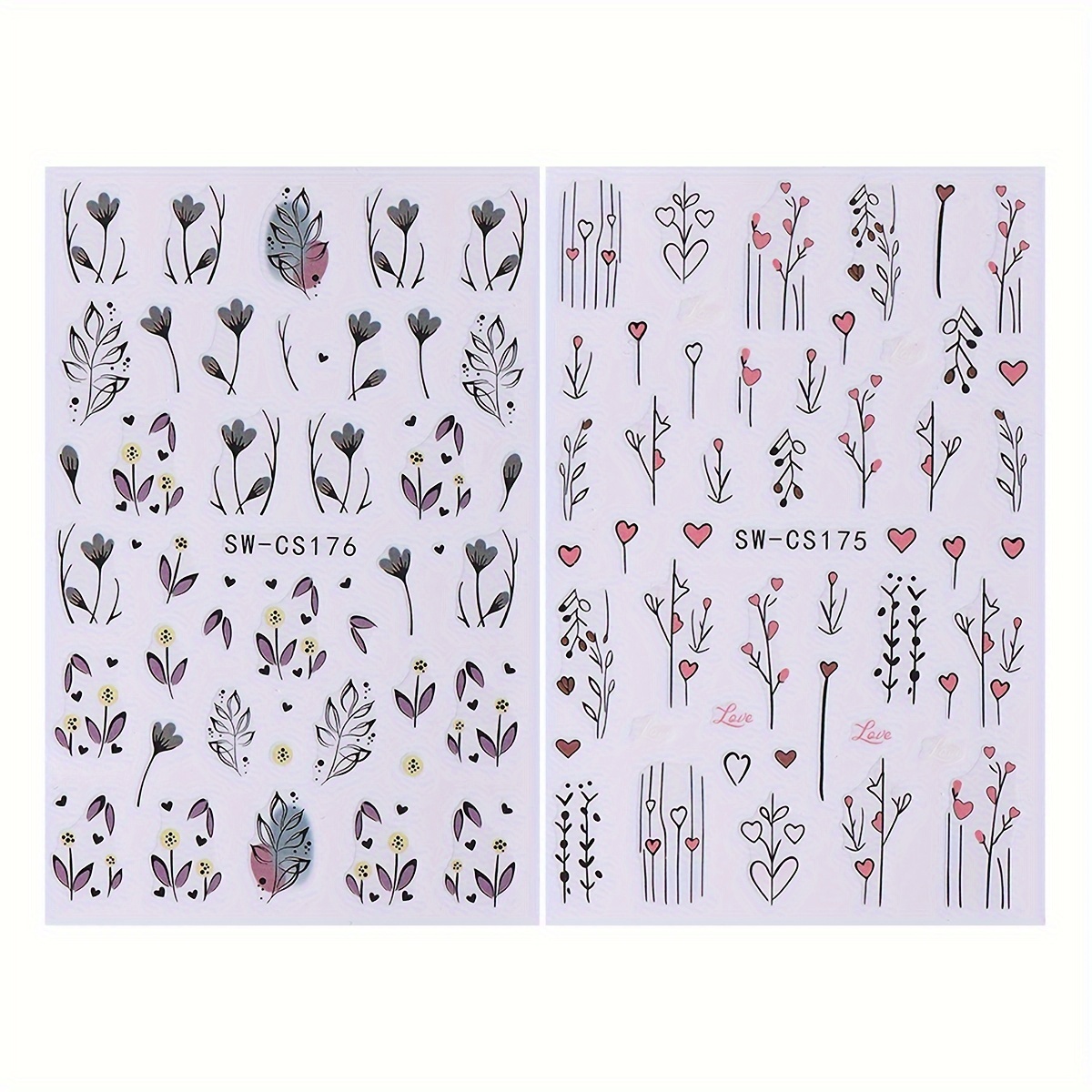 Image of Floral Nail Art Stickers Decals Set Of 2 Sheets, Fantasy Flowers Self-adhesive Nail Embellishments, Glossy Finish, Unscented Plastic With Embroidered Accent, Single Use - Sw-cs173/174/175/176