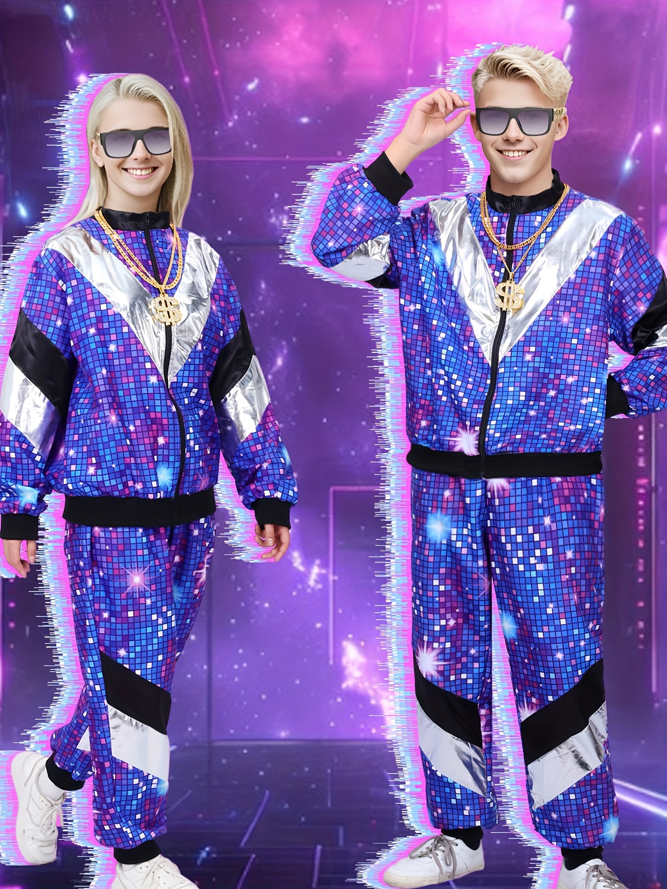 mewjoy 2-delige 80s Hippie Disco outfit voor mannen 90s pak kostuum kleurblok windjack Hip Hop sportkleding, lichtblauw, M
