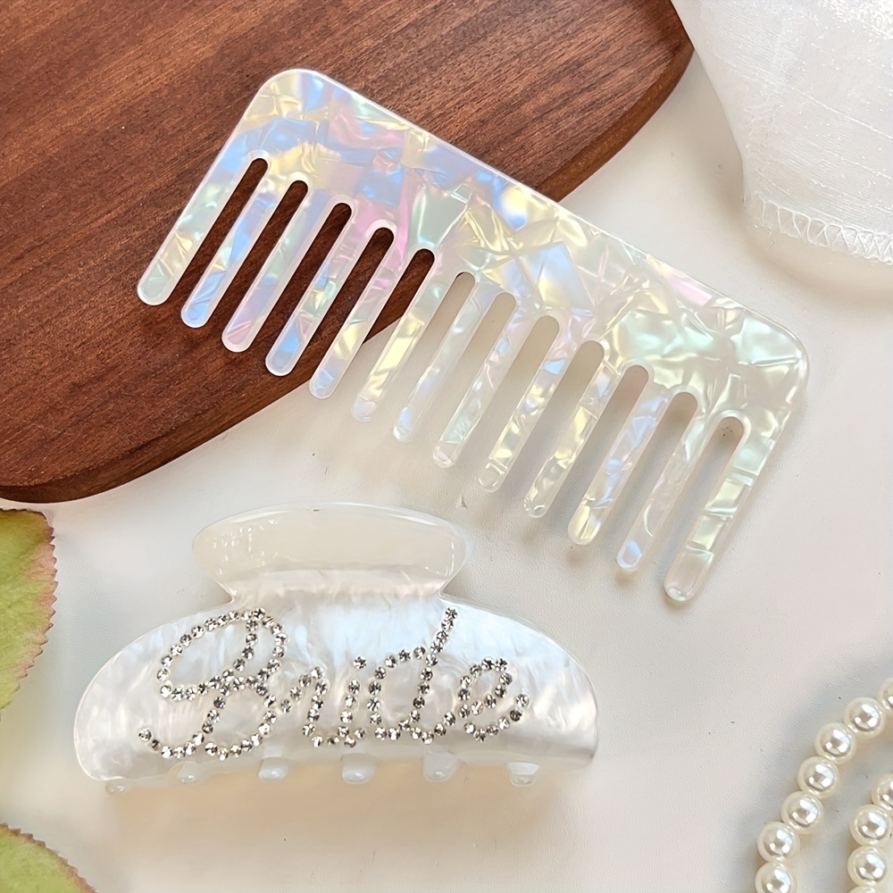 Image of 2pcs Women's Hair Comb & Claw Clip Set - Detangling Comb + Bride Claw For Bun/sock Bun, Shark Clip Hair Long Hair, Travel & Makeup Essential (bridal Shower/bridesmaid Gift Set)