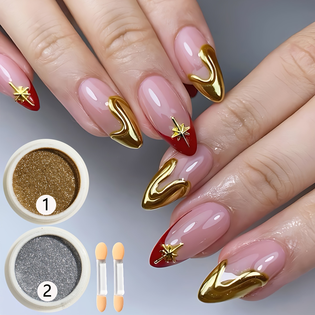 Image of 2 Colors Golden Silvery Chrome For Nail Powder, Mirror Metallic Gel Chrome Powder For Nail Art Decoration