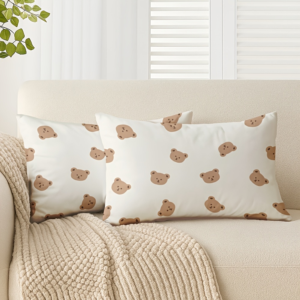 TEMU 2pcs Cute Minimalist Style Throw Pillow Cover 12*20inch Bear Faces Elegant Short Plush Room Bedroom And Office Decoration