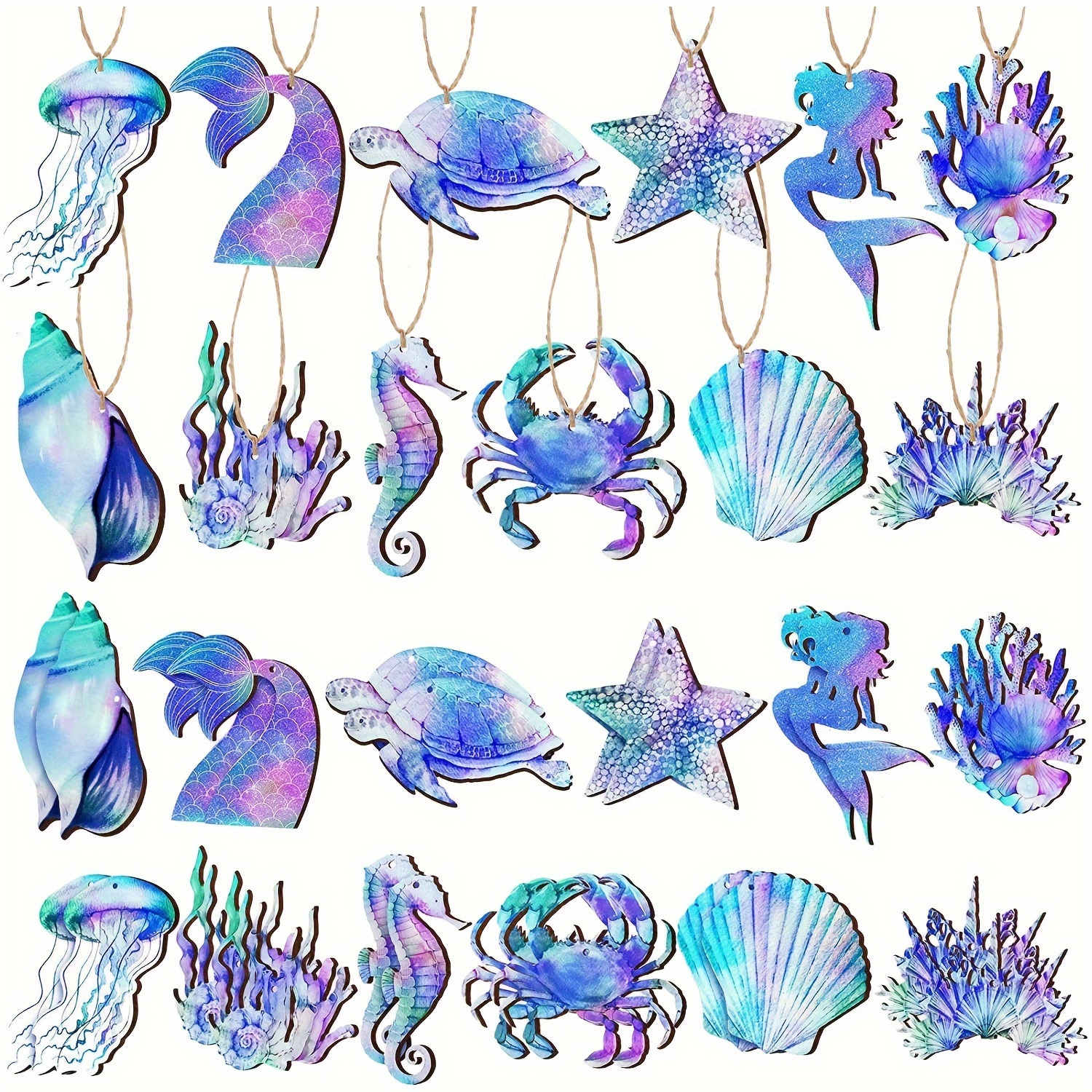 

24pcs Marine Life Decoration Hanging Ornaments Mermaid Turtle Starfish Conch Seahorse For Birthday Party, Spring Summer Home Decor