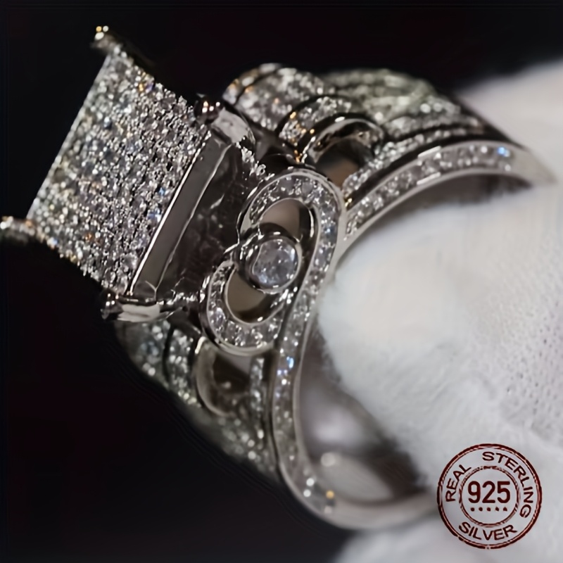 Exaggerated 925 Sterling Silver Ring Full White Synthetic Zirconia Engagement Jewelry for Women Valentine's Day Gift