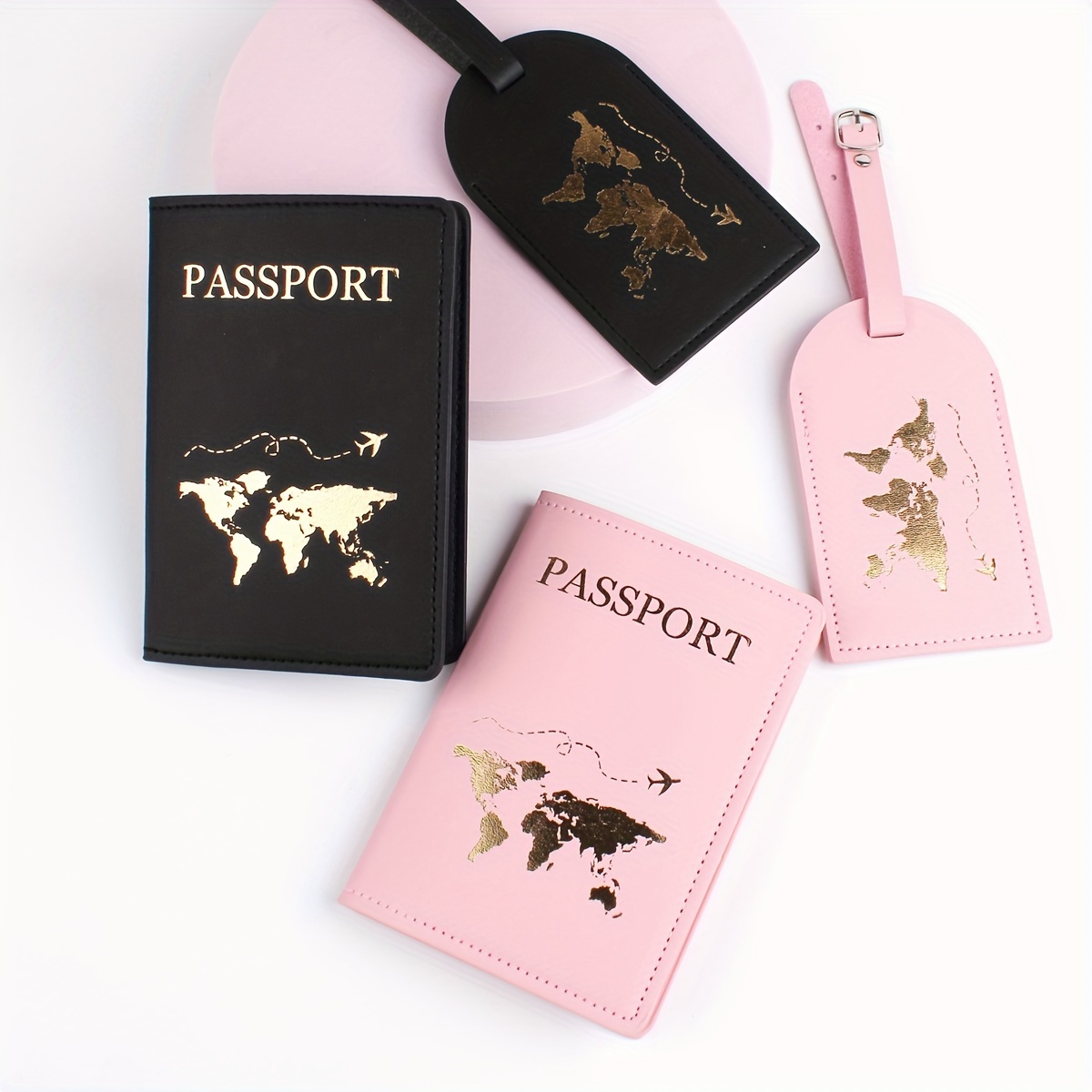TEMU 4pcs Upgraded Thickened Synthetic Leather Set. Features A Golden-stamped For Couples' Weddings And Travel, With High-quality, Durable Oil-edge .