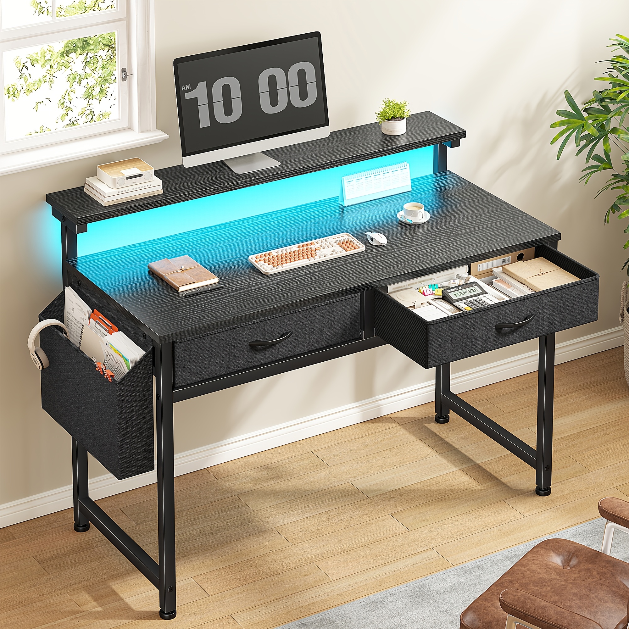31 5inch office computer desk with led lights 2 fabric drawers gaming desk with side pocket ergonomic monitor stand