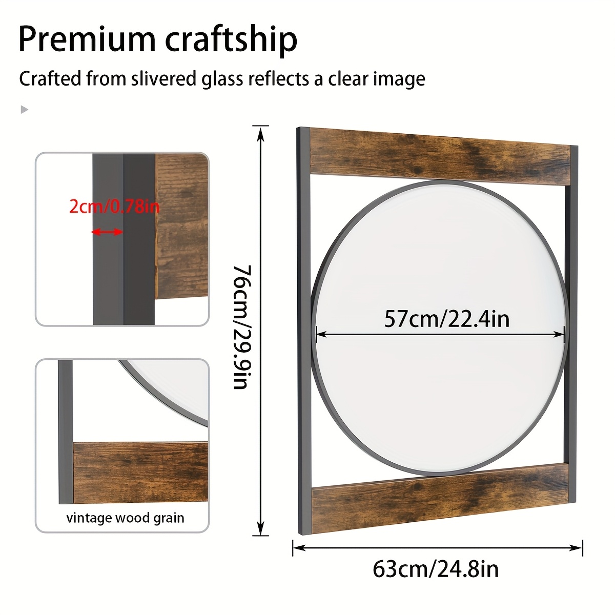 Rectangle Industrial Metal Wood Frame Wall Mirror Wall Mounted Decorative Accent Mirror For Bathroom Living Room Vanity Mirror