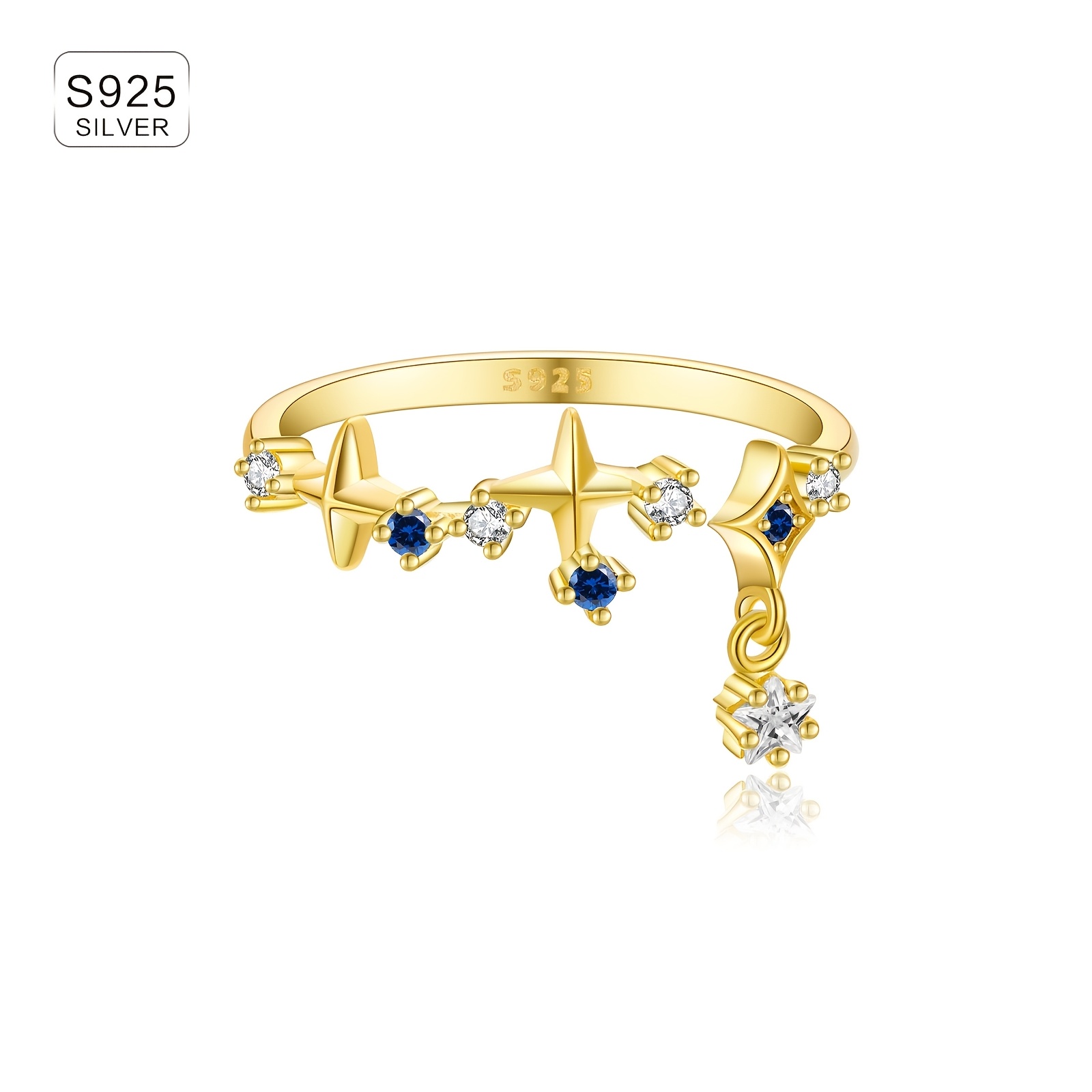 925 Silver Opening Ring Adjustable Size 18k Gold Plated Zirconia Accents