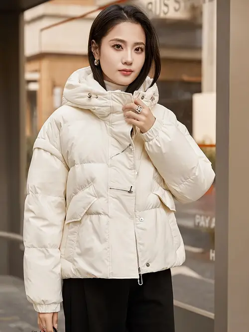 스탠드 칼라 포켓 후디 패딩 자켓, 캐주얼 롱 슬리브 자켓 (겨울용), 여성 의류