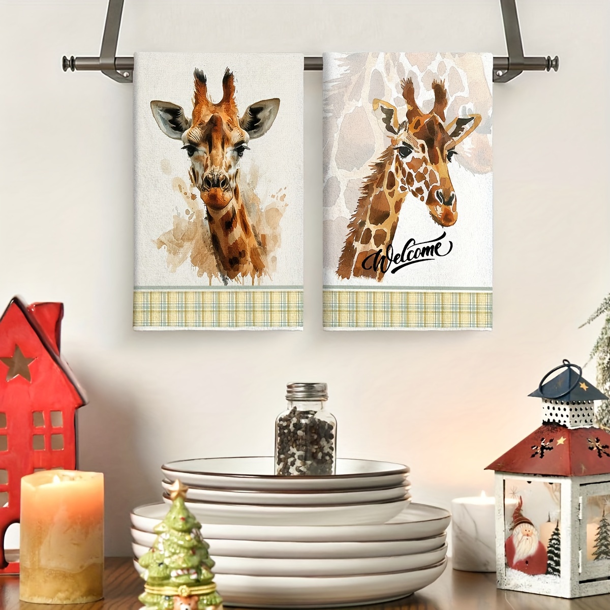 TEMU Modern Microfiber Dish Towels With Watercolor Giraffe Pattern – 2 Pack, Soft Absorbent Fingertip Towels, Quick-dry Knit Fabric Kitchen Hand