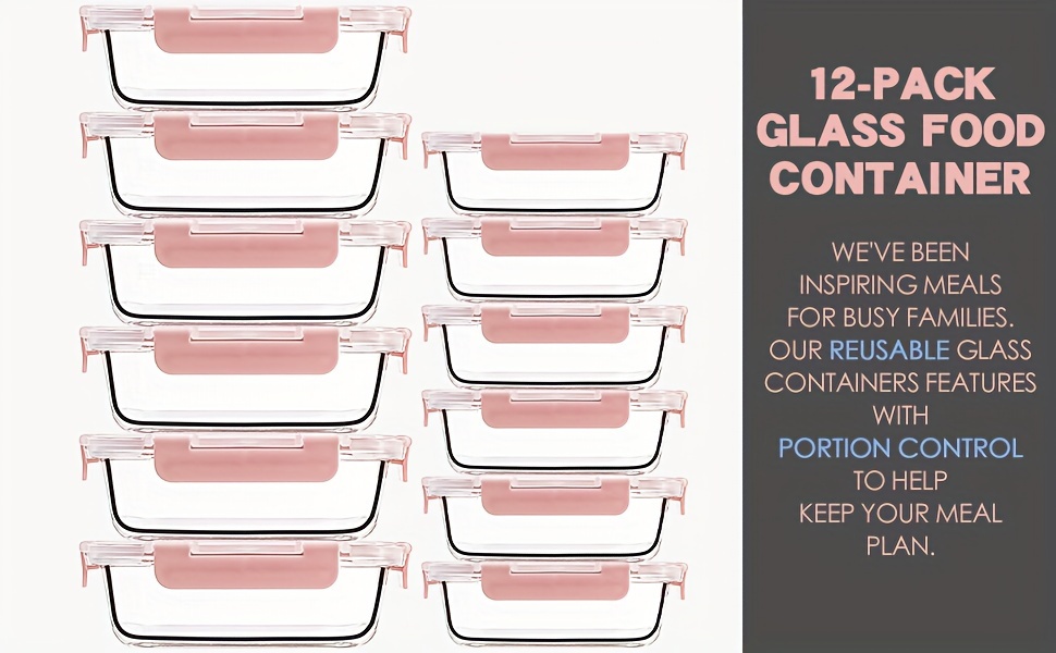 12 pack glass food storage containers set glass food meal prep containers with leakproof airtight lids   home kitchen   portion control Product details 0