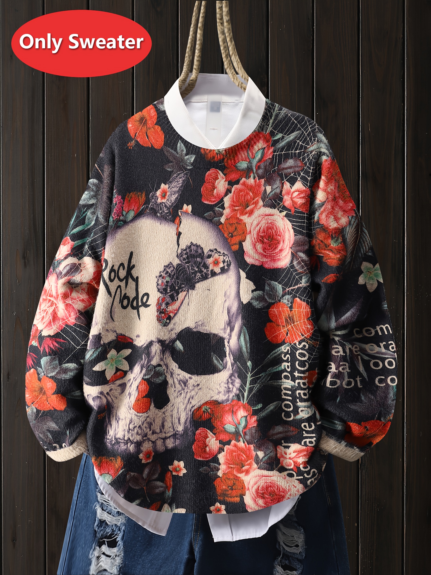 Damen Gothic Blumen- Totenkopf-Druck Pullover Übergroßer Rundhals  Langarm-* mit Rosen-, Fledermausflügeldesign, Maschinenwascher Alljahreszeit