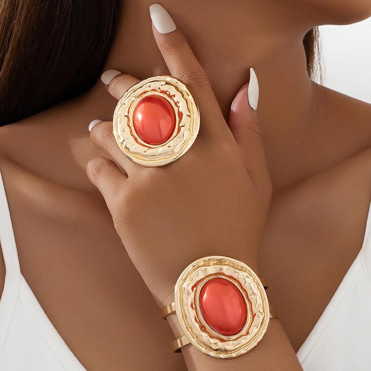 

Vintage Jewelry Set - Alloy Bracelet And Ring Duo With Red Plastic Gemstone Accents, Fashion Ensembles For And Gift-, Fits All - Exaggerated Chic For Women