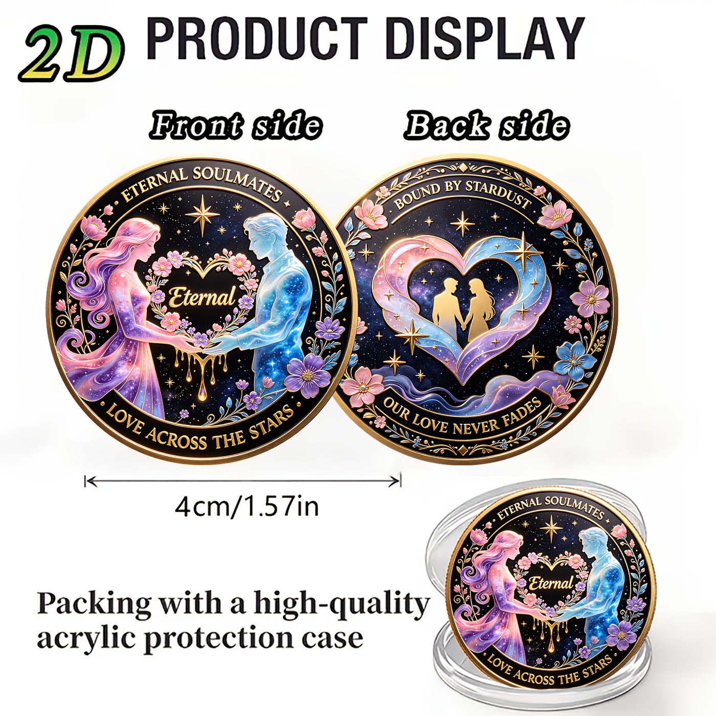 TEMU Replica Coin 1pc 2d Stardust Love Heart Double-sided Commemorative Coin | Iridescent Starry Sky Couple's Metal Cultural And Creative Ornament,