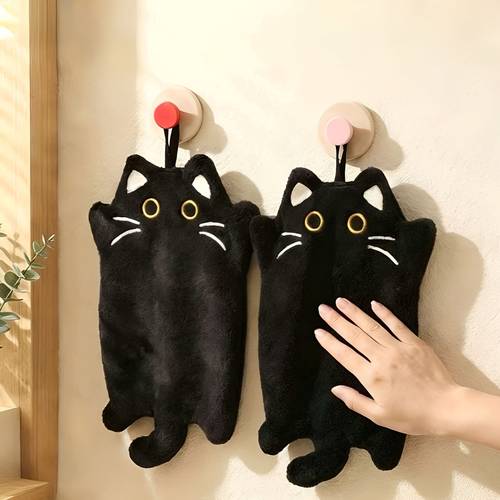 cute black cat fingertip towel absorbent coral hanging towel thick and absorbent coral with hanging loop soft and non slip suitable for sinks showers bathtubs toilets decorative cleaning cloth cute animal pattern home decor towel