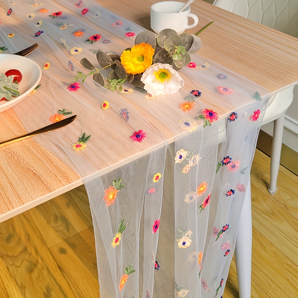 TEMU Floral Embroidery Table Runner, Multi- Flowers, Translucent Mesh Fabric, Rectangular Polyester Table Runner, Rustic , Suitable For Bedroom, Living Room, Party, Wedding Table Decoration