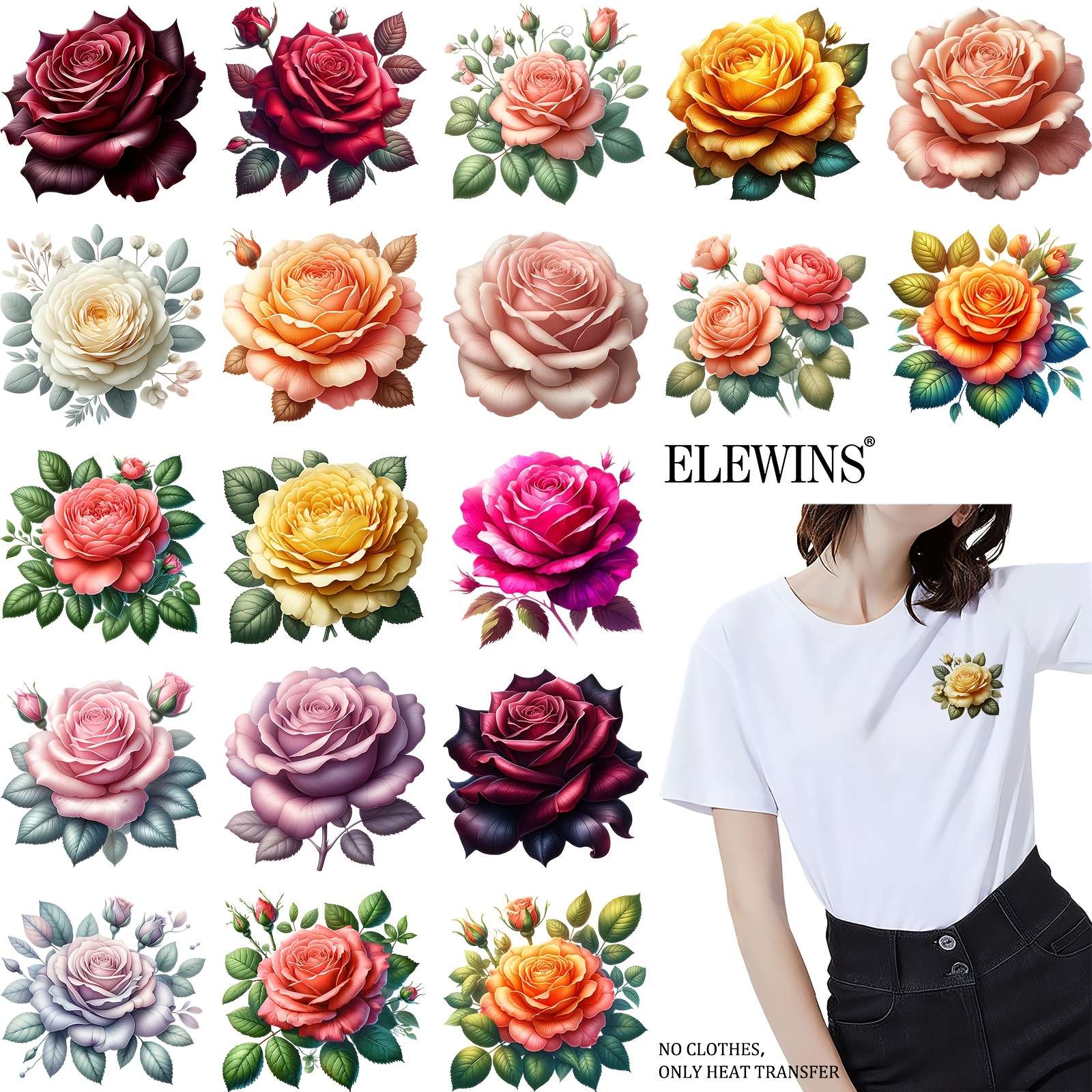 TEMU 36pcs Watercolor Rose Iron On Transfer Patches, Iron On Vinyl For Jeans Dtf Heat Transfer Vinyl Appliques For Clothing T Shirt Pillow Hat