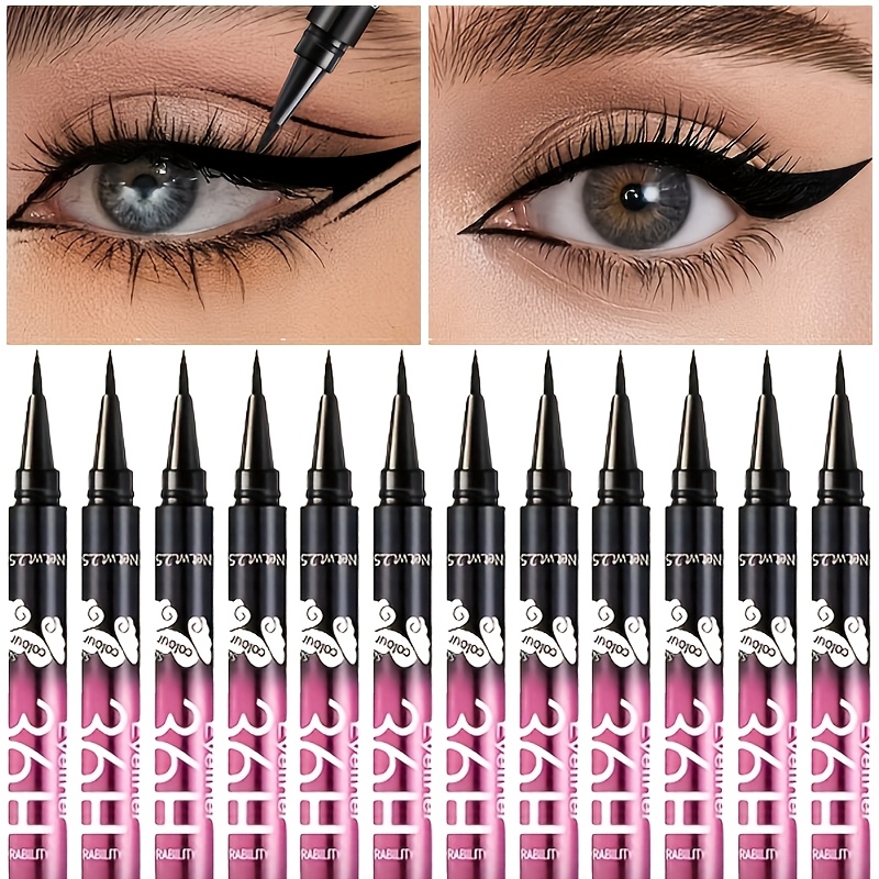 Image of 12pcs Black Eyeliner Pen Set - Tip, Long-lasting Waterproof & Eye Makeup, Ideal For Beginners & Beauty Enthusiasts, Perfect Valentine's Gift