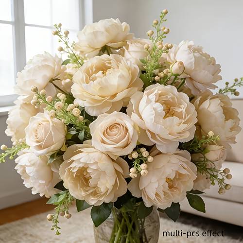 Artikelbild 18 blumen = 2 sträuße, champagnerfarbener künstlicher pfingstrosenstrauß im instagram-stil, hochrealistisch mit vollen und dreidimensionalen blütenformen, sonnenbeständig, lichtecht, pflegefrei, keine pflege erforderlich, für sanfte , hochzeitssträuße, verlobungsfeier-arrangements