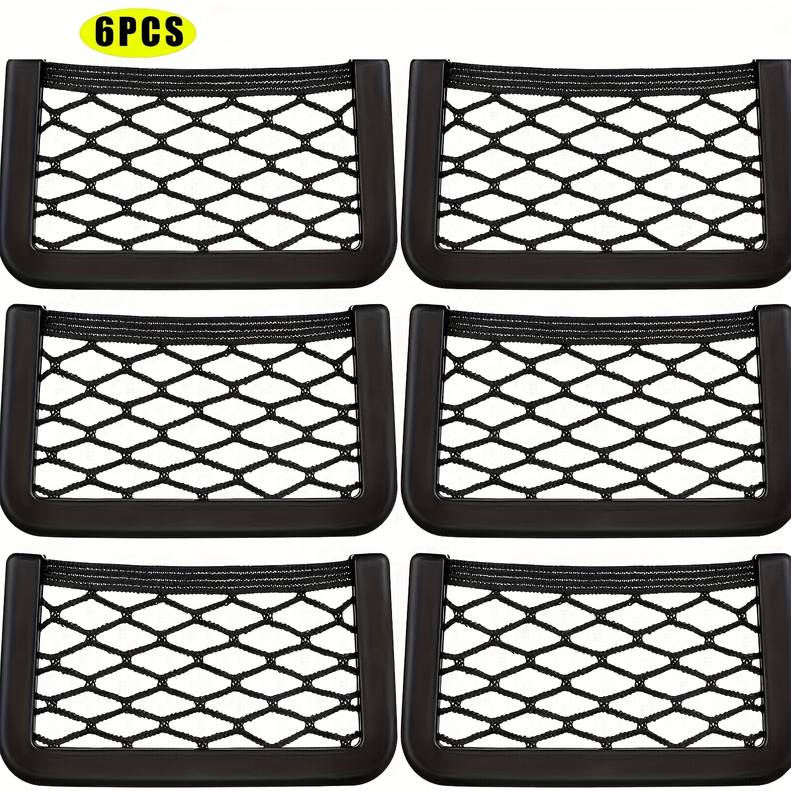 E-shop 6er-Set Schwarze Nylon-Mesh-Aufbewahrungsnetze mit Diamantmuster - Strapazierfähige Handyhalter- für Autos, Boote, Zuhause & Mehr | Verstärkte