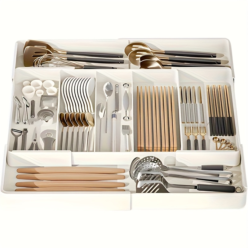 TEMU Utensil Organizer For Kitchen Drawer - Cutlery Tray, Adjustable Dividers, Silverware Holder For Forks, Spoons, Knives, Kitchen Utensil Storage,