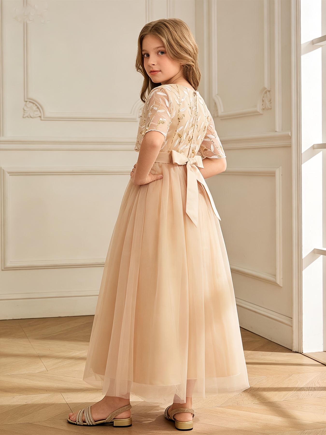 Girl's Formal Dress for 12-Year-Olds, Long Mesh Waist-Cinched Elegant Mature Dress for Girls, Banquet Attire