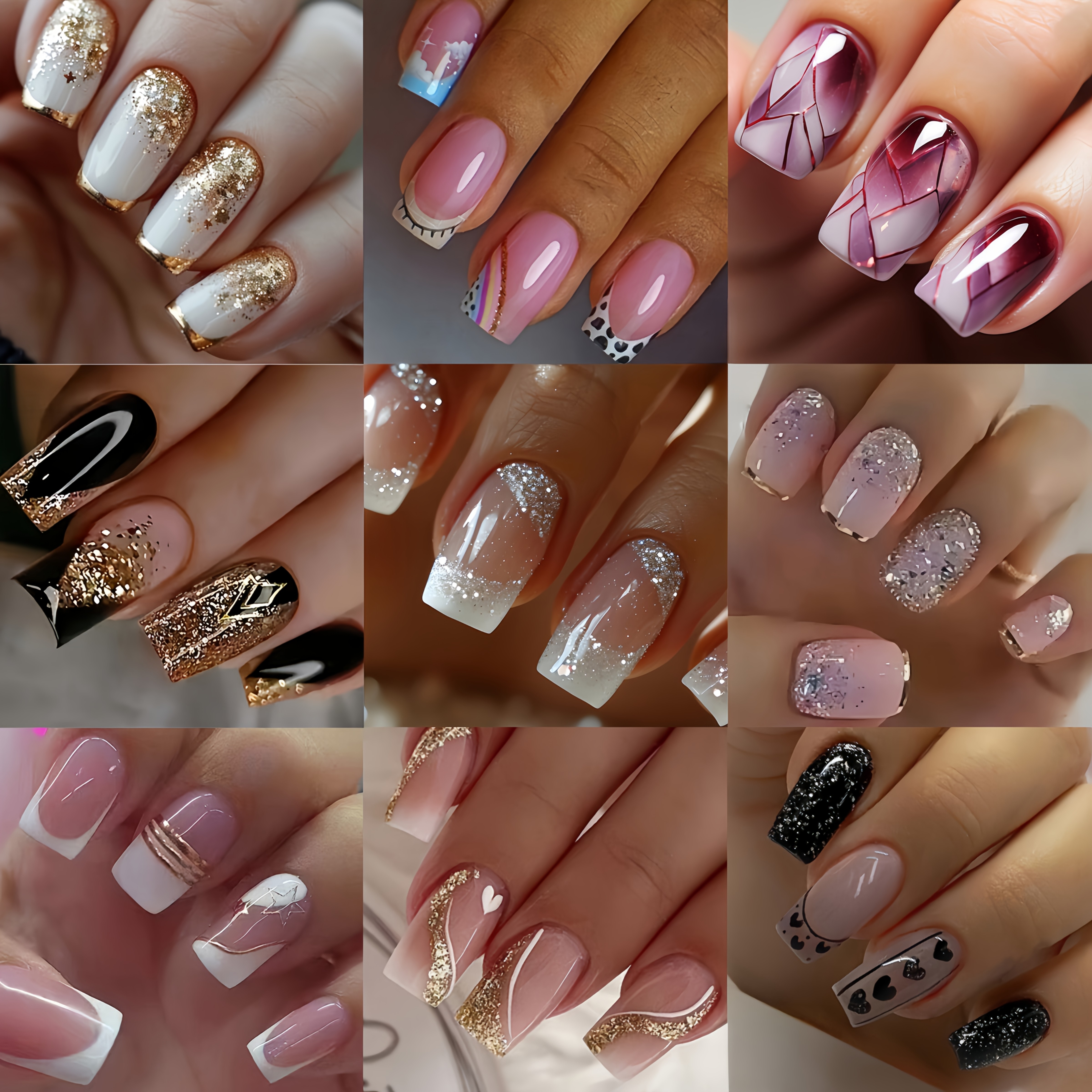 TEMU Lot de 96 faux ongles carrés de taille moyenne avec 4 styles aléatoires, faux ongles blancs d'été de style français à couverture complète, un