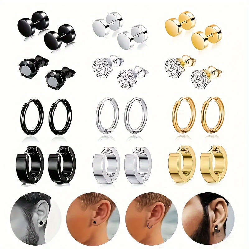 

12pcs Men's Stainless Steel Earring Set - Punk Style With Rhinestone Accents, Hypoallergenic Studs & Hoops